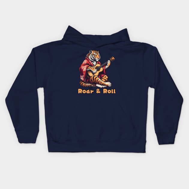 Rock and roll Bengal tiger Kids Hoodie by Japanese Fever